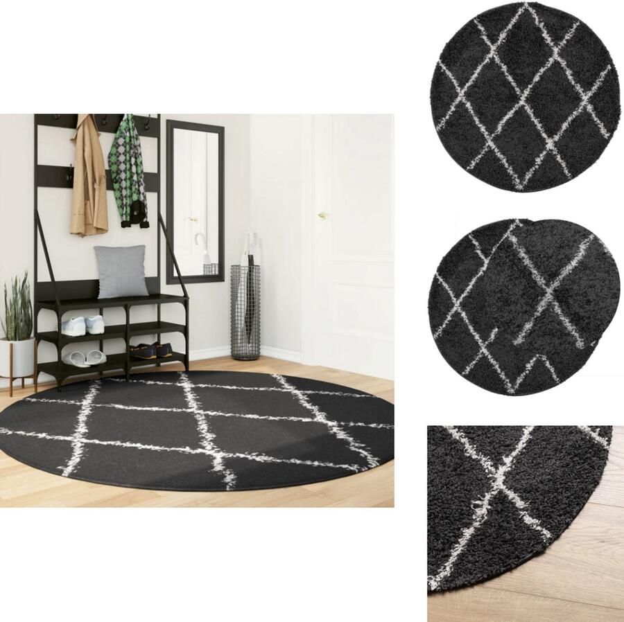 VidaXL Vloerkleed Vloerkleden Tapijt Vloerbedekking Vloerkleed PAMPLONA shaggy hoogpolig Ø 200 cm zwart en crème