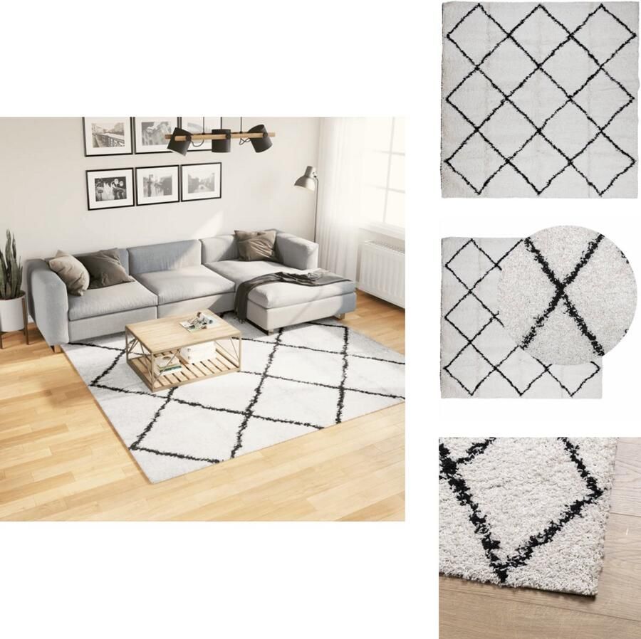 VidaXL Vloerkleed Vloerkleden Tapijt Vloerbedekking Vloerkleed PAMPLONA shaggy hoogpolig 240x240 cm crème en zwart