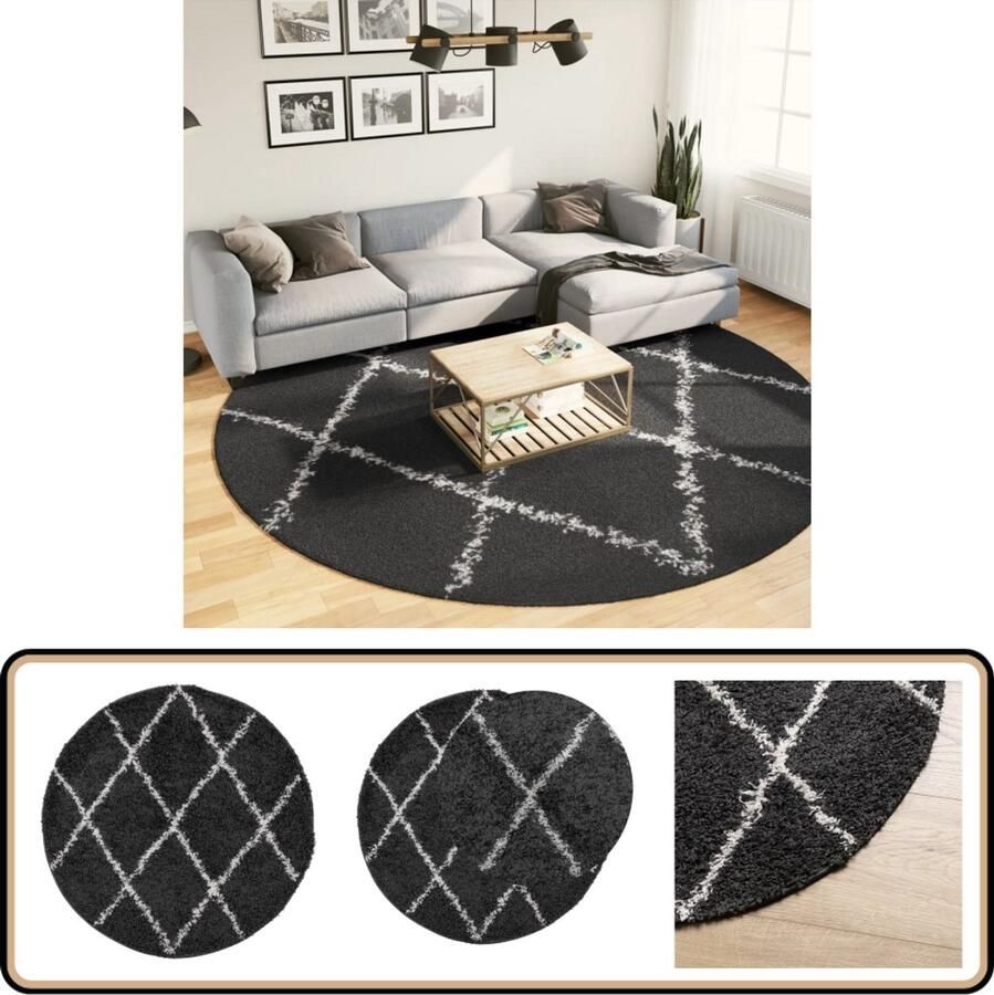 VidaXL Vloerkleed PAMPLONA Zwart & Crème Ø 280cm Shaggy Vloerkleed Zwart Creme Rond Vloerkleed Groot Vloerkleed Zacht Vloerkleed - Foto 2