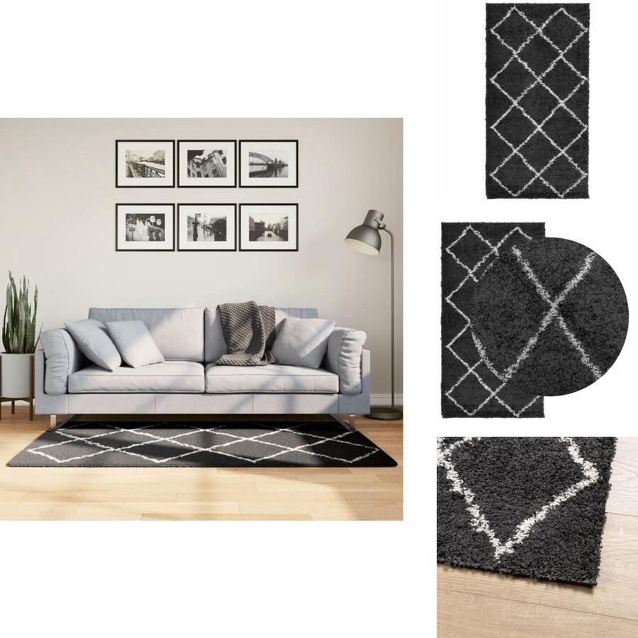 VidaXL Vloerkleed Vloerkleden Tapijt Vloerbedekking Vloerkleed PAMPLONA shaggy hoogpolig 80x150 cm zwart en crème