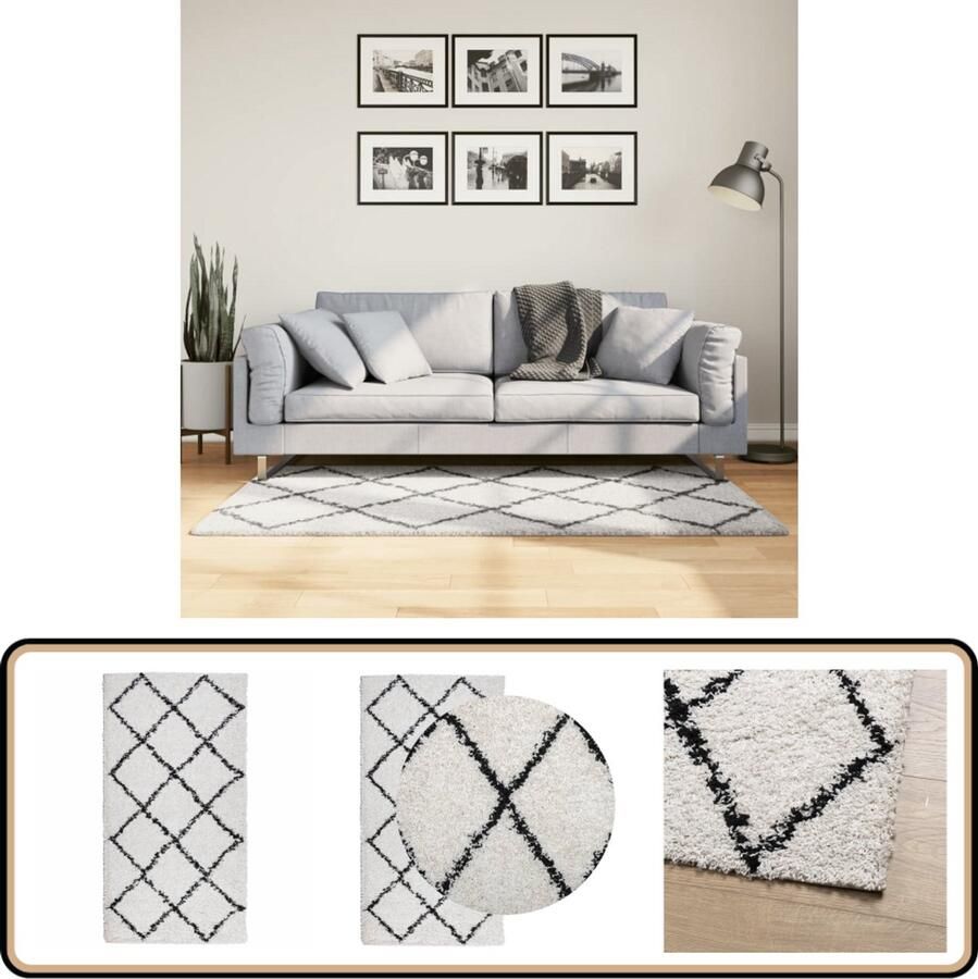 VidaXL Vloerkleed Vloerkleden Tapijt Vloerbedekking Vloerkleed PAMPLONA shaggy hoogpolig 80x150 cm crème en zwart