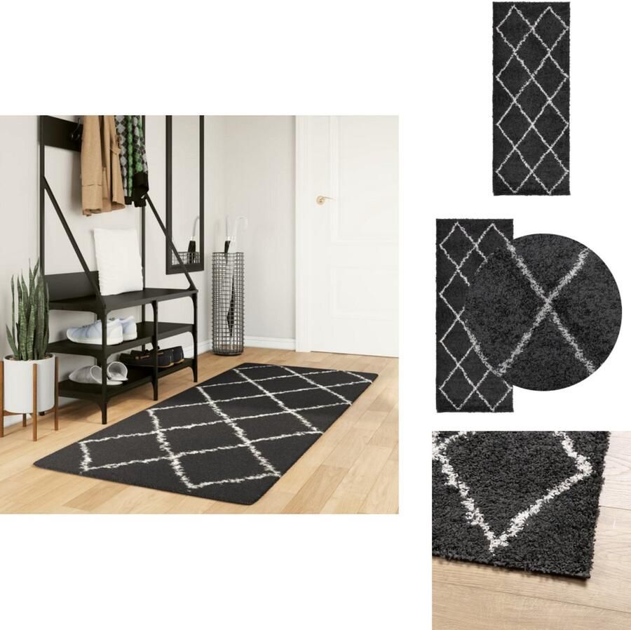 VidaXL Vloerkleed Vloerkleden Tapijt Vloerbedekking Vloerkleed PAMPLONA shaggy hoogpolig 80x200 cm zwart en crème