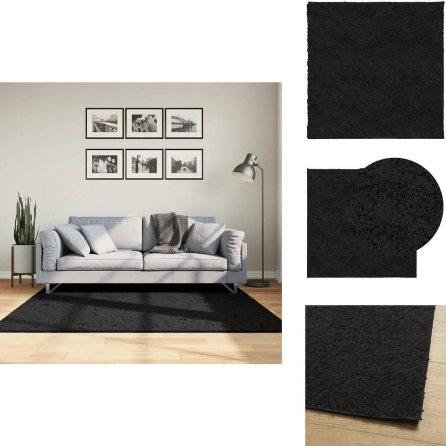 The Living Store PAMPLONA Shaggy vloerkleed 160 x 160 cm Zwart 100% polypropeen 30 mm poolhoogte Shaggy Vloerkleed Zwarte Vloerkleed Woonkamer Tapijt Slaapkamer Tapijt Groot Vloerkleed - Foto 2
