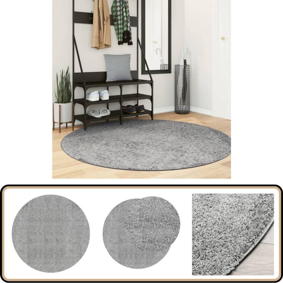 VidaXL Vloerkleed PAMPLONA 160 cm Grijs Shaggy Vloerkleed Polypropyleen Vloerkleed Grijze Vloerkleed Rond Vloerkleed Hoge Pool Vloerkleed