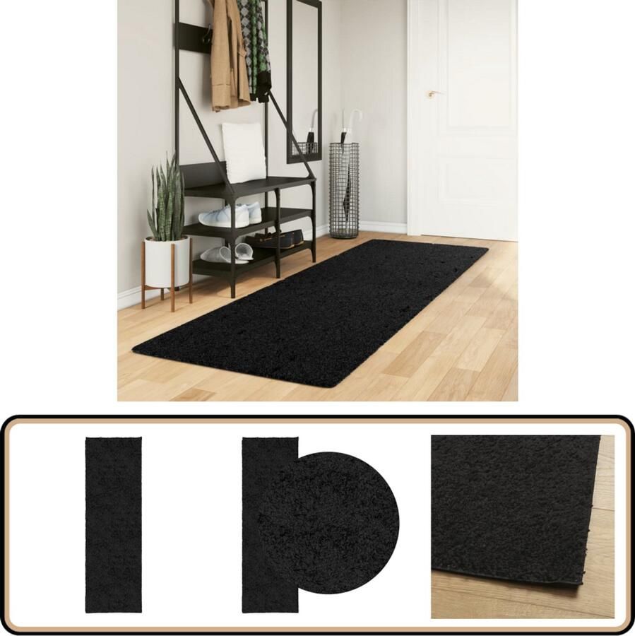 VidaXL Vloerkleed PAMPLONA Hoogpolig Zwart 80x250 cm Shaggy Vloerkleed Zwarte Vloerkleed Woonkamer Tapijt Slaapkamer Tapijt Hal Tapijt