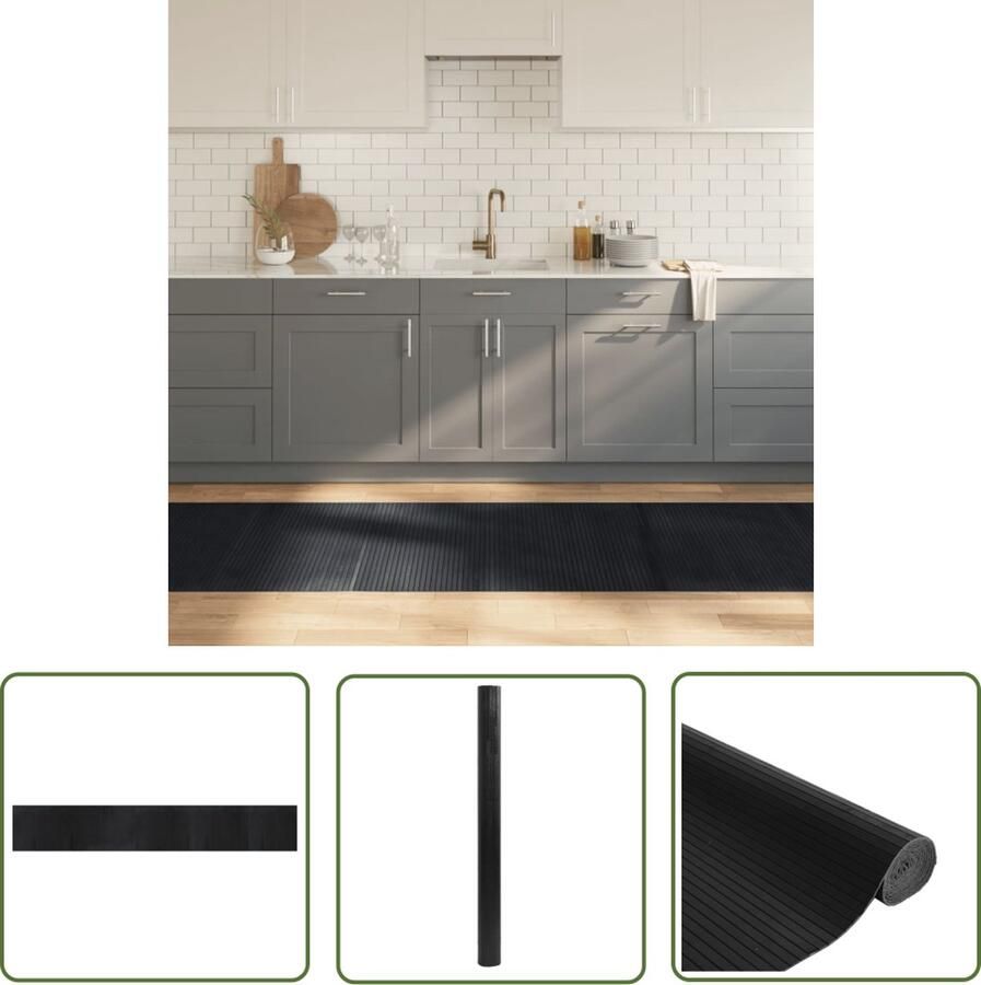 The Living Store Vloerkleed rechthoekig 80x500 cm bamboe zwart Bamboetapijt Vloerkleden Modern Tapijt Zwarte Tapijt Lange Tapijt - Foto 2
