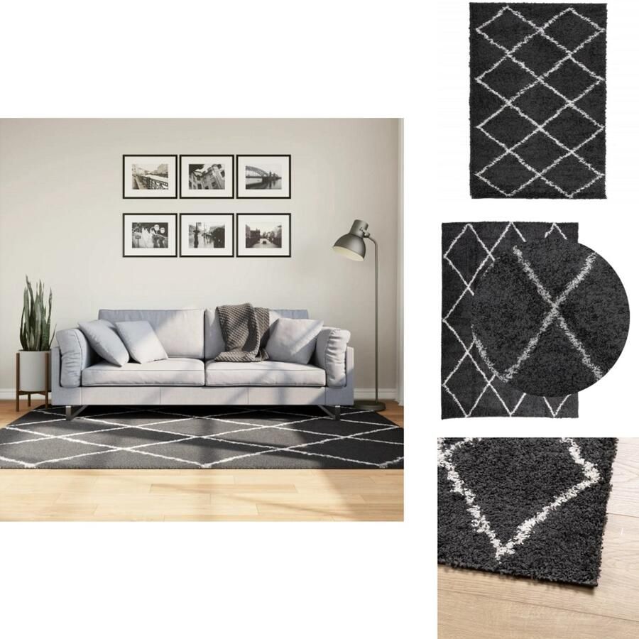 The Living Store Vloerkleed shaggy hoogpolig modern 140x200 cm zwart en crème Shaggy Vloerkleed Zwart Creme Vloerkleed Living Room Vloerkleed Slaapkamer Tapijten