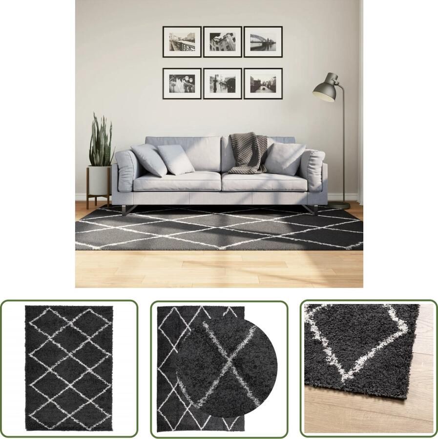 The Living Store Vloerkleed shaggy hoogpolig modern 140x200 cm zwart en crème Shaggy Vloerkleed Zwart Creme Vloerkleed Living Room Vloerkleed Slaapkamer Tapijten - Foto 2