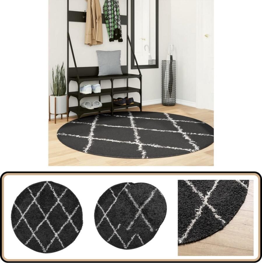 VidaXL Vloerkleed Shaggy 160 cm Zwart en Crème Shaggy Vloerkleed Woonkamer Tapijt Slaapkamer Tapijt Rond Vloerkleed Zwarte Vloerkleed