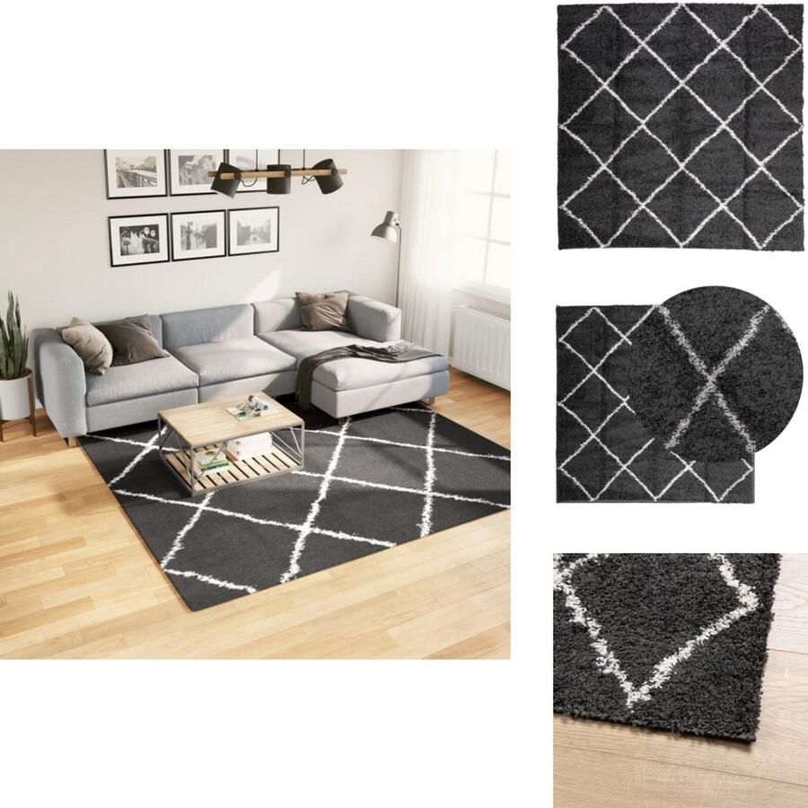 The Living Store Vloerkleed shaggy hoogpolig modern 240x240 cm zwart en crème Shaggy Vloerkleed Woonkamer Vloerkleed Slaapkamer Groot Vloerkleed Zwarte Vloerkleed - Foto 2