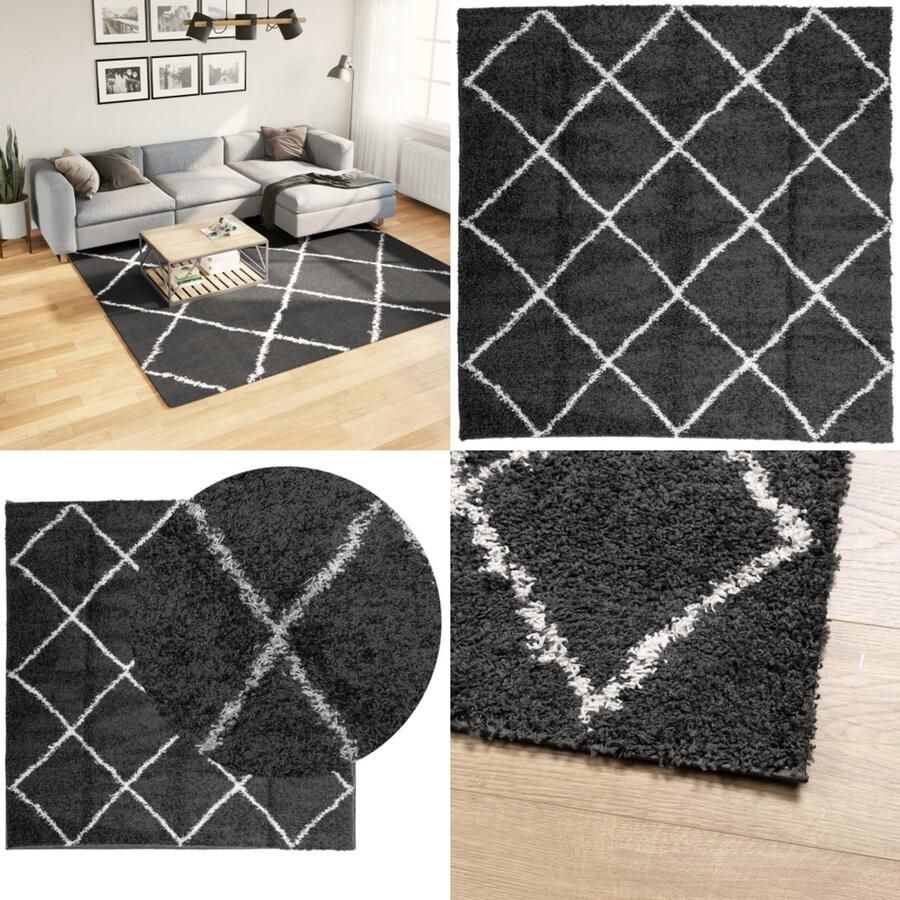 The Living Store Vloerkleed shaggy hoogpolig modern 240x240 cm zwart en crème Shaggy Vloerkleed Woonkamer Vloerkleed Slaapkamer Groot Vloerkleed Zwarte Vloerkleed - Foto 3