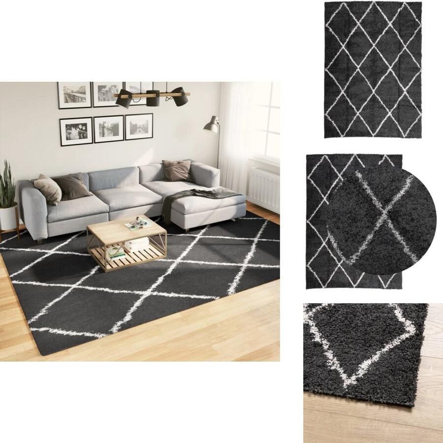 The Living Store Shaggy Tapijt 240 x 340 cm Zwart en Crème 100% Polypropeen 30 mm poolhoogte OEKO-TEX Getest Shaggy Tapijt Woonkamertapijt Slaapkamertapijt Vloerkleed Zwarte Tapijten