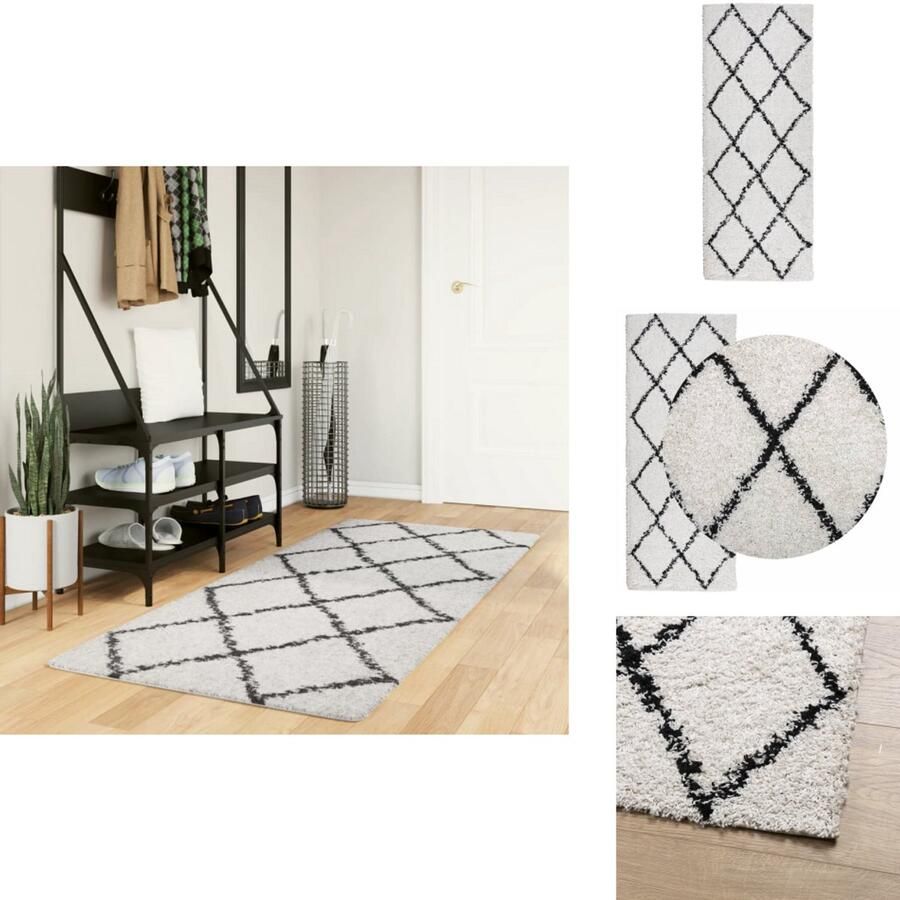 VidaXL Vloerkleed Vloerkleden Tapijt Vloerbedekking Vloerkleed shaggy hoogpolig modern 80x200 cm crème en zwart