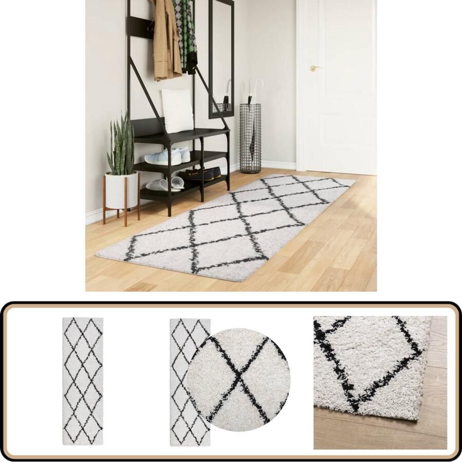 The Living Store Vloerkleed shaggy hoogpolig modern 80x250 cm crème en zwart Shaggy Tapijten Vloerkleed Living Room Vloerkleed Slaapkamer Vloerkleed Creme Zwart Zacht Vloerkleed - Foto 4