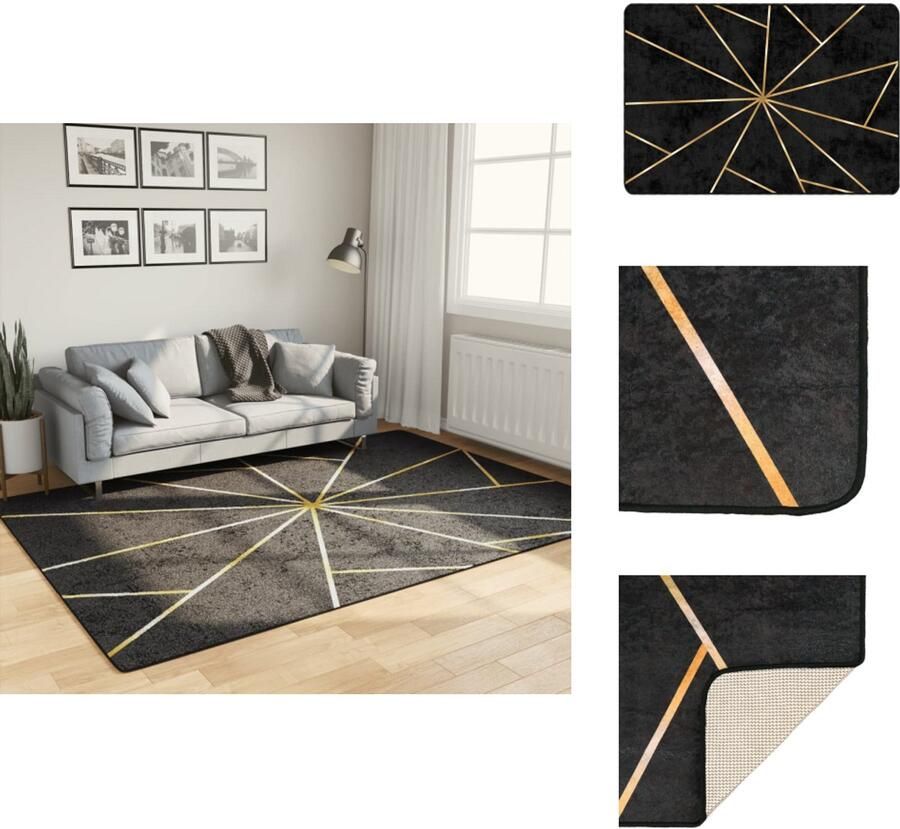 VidaXL Vloerkleed Vloerkleden Tapijt Vloerbedekking Vloerkleed wasbaar anti-slip 160x230 cm zwart en goudkleurig