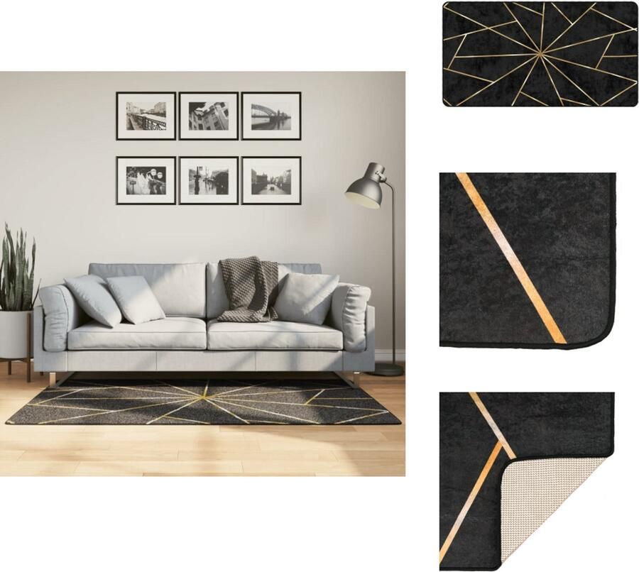VidaXL Vloerkleed Vloerkleden Tapijt Vloerbedekking Vloerkleed wasbaar anti-slip 80x150 cm zwart en goudkleurig
