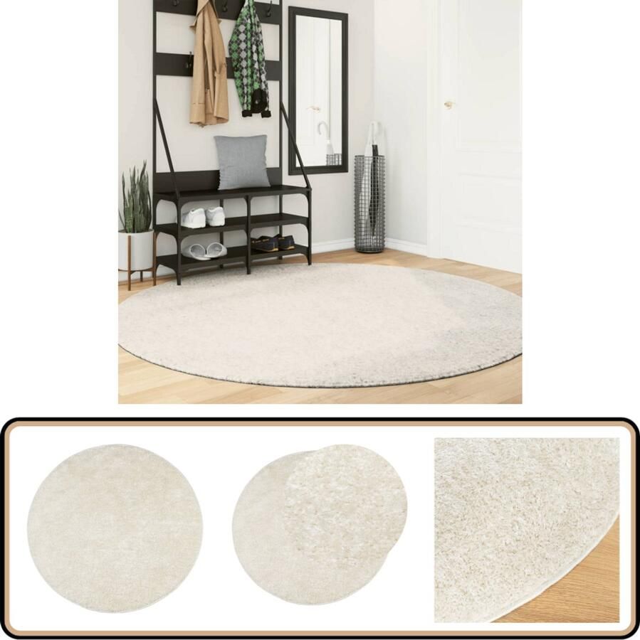 VidaXL Vloerkleed ISTAN Hoogpolig Crème Ø 200 cm Vloerkleed Crème Kleur Polyester Anti Slip Washable