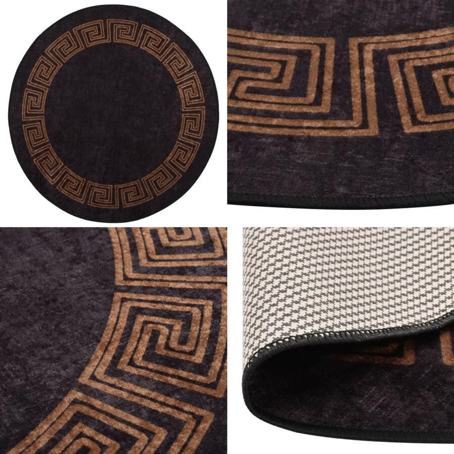 VidaXL Vloerkleed wasbaar anti-slip ø120 cm zwart en goudkleurig Vloerkleed Vloerkleden Loper Vloerkleed Loper Vloerkleden