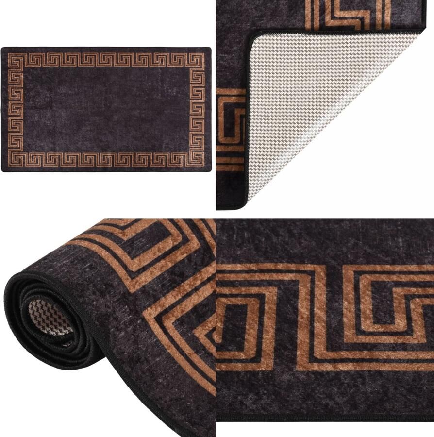 VidaXL Vloerkleed wasbaar anti-slip 120x180 cm zwart en goudkleurig Vloerkleed Vloerkleden Loper Vloerkleed Loper Vloerkleden