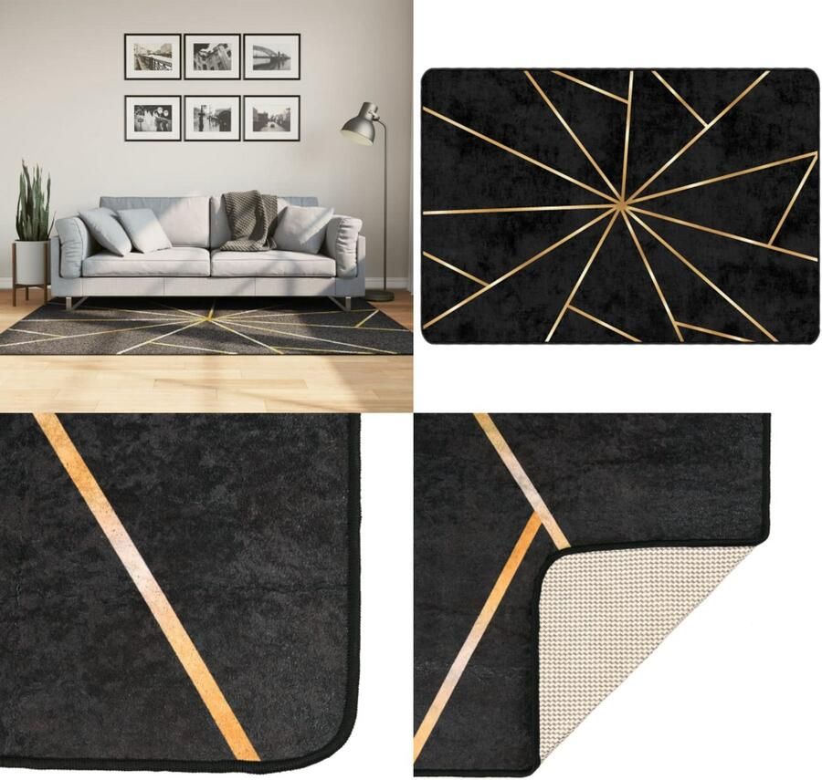 VidaXL Vloerkleed wasbaar anti-slip 120x180 cm zwart en goudkleurig Vloerkleed Vloerkleden Tapijt Vloerbedekking