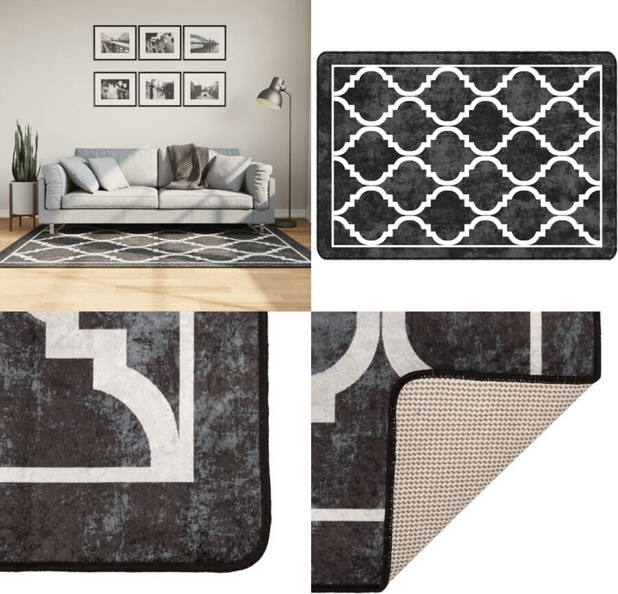 VidaXL Vloerkleed wasbaar anti-slip 120x180 cm zwart en wit Vloerkleed Vloerkleden Tapijt Vloerbedekking