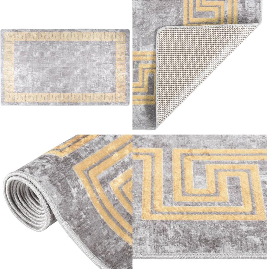 VidaXL Vloerkleed wasbaar anti-slip 150x230 cm grijs en goudkleurig Vloerkleed Vloerkleden Tapijt Vloerbedekking