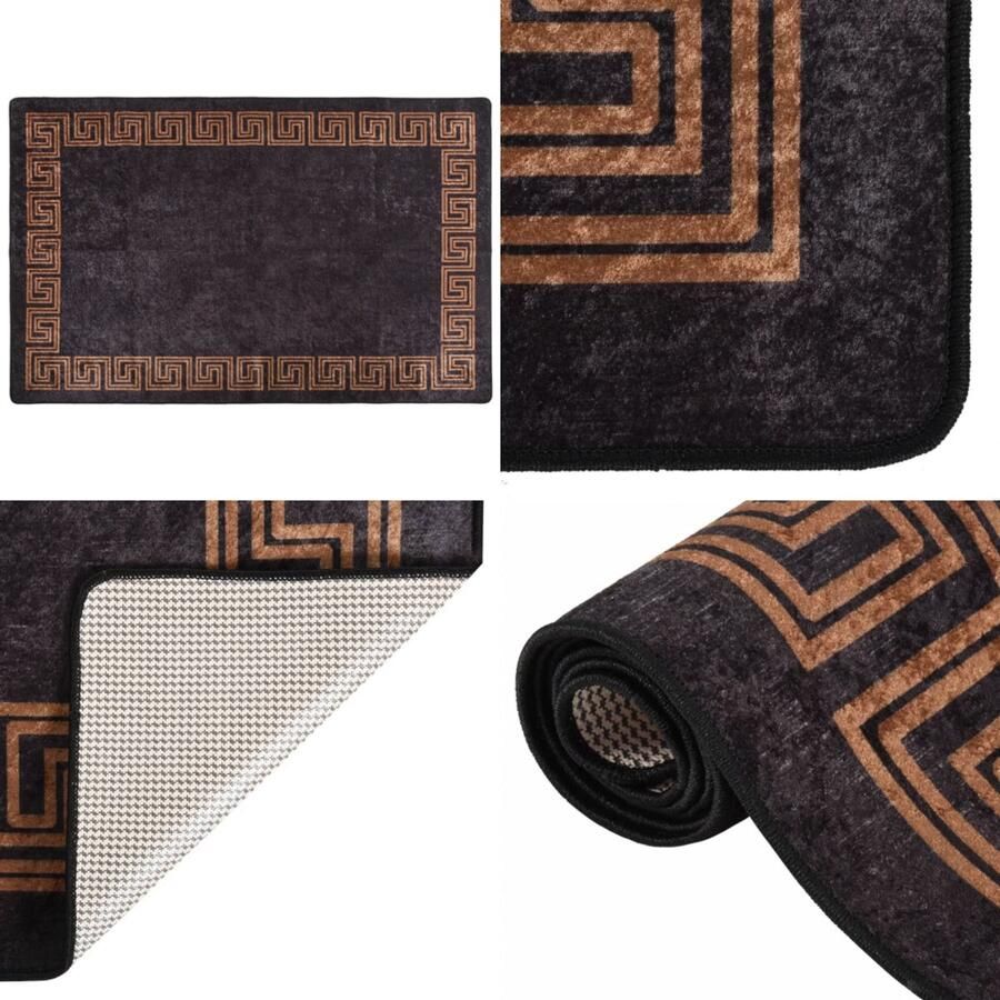 VidaXL Vloerkleed wasbaar anti-slip 160x230 cm zwart en goudkleurig Vloerkleed Vloerkleden Loper Vloerkleed Loper Vloerkleden