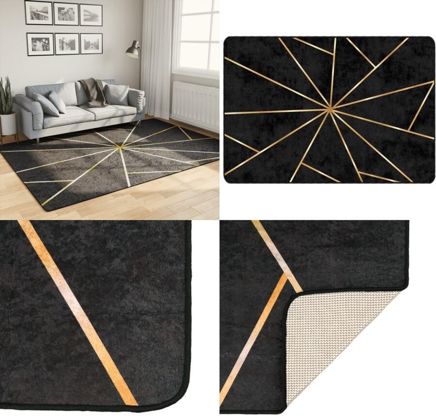 VidaXL Vloerkleed wasbaar anti-slip 160x230 cm zwart en goudkleurig Vloerkleed Vloerkleden Tapijt Vloerbedekking