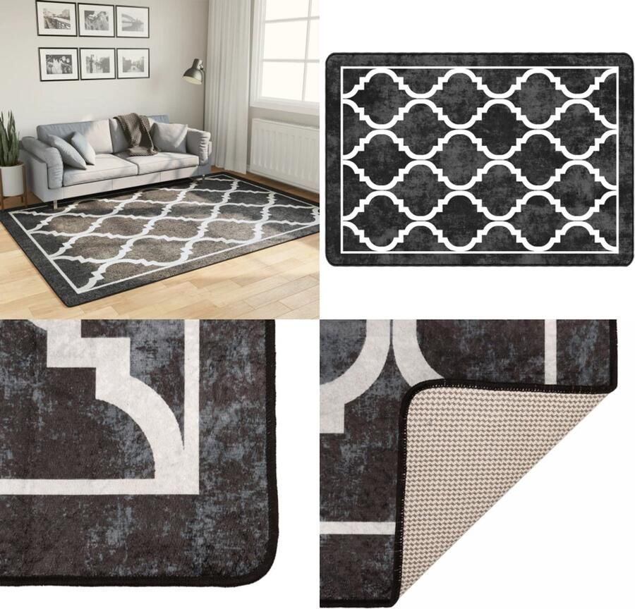 VidaXL Vloerkleed wasbaar anti-slip 160x230 cm zwart en wit Vloerkleed Vloerkleden Tapijt Vloerbedekking