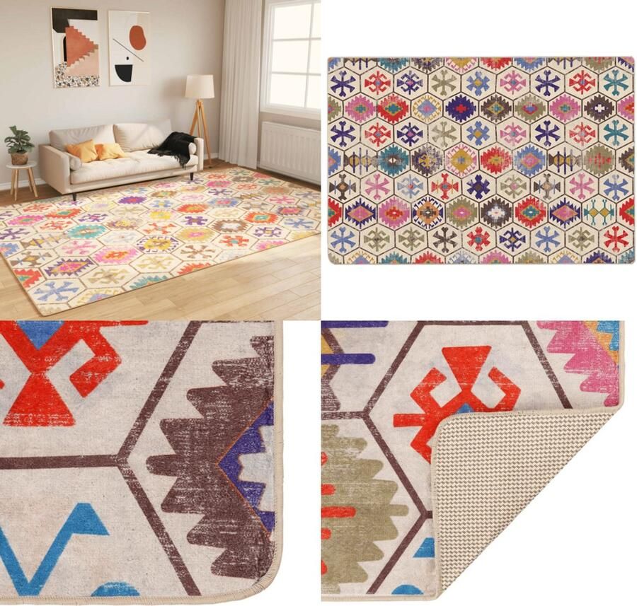 VidaXL Vloerkleed wasbaar anti-slip 190x300 cm meerkleurig Vloerkleed Vloerkleden Tapijt Vloerbedekking