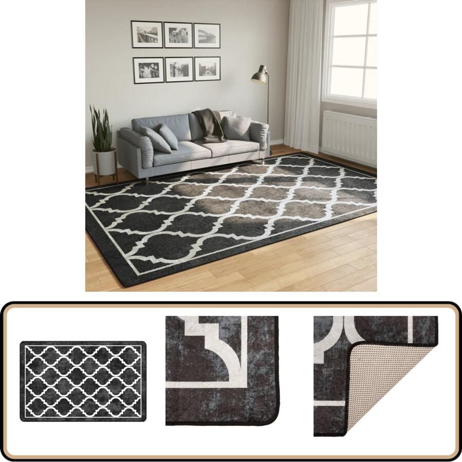 VidaXL Vloerkleed Wasbaar Anti-Slip 190x300 cm Vloerkleden Zwarte Vloerkleed Witte Vloerkleed Fluweel Vloerkleed Anti Slip Vloerkleed Geluidsreducerende Vloerkleed Wasbare Vloerkleed Salon Vloerkleed Slaapkamer Vloerkleed
