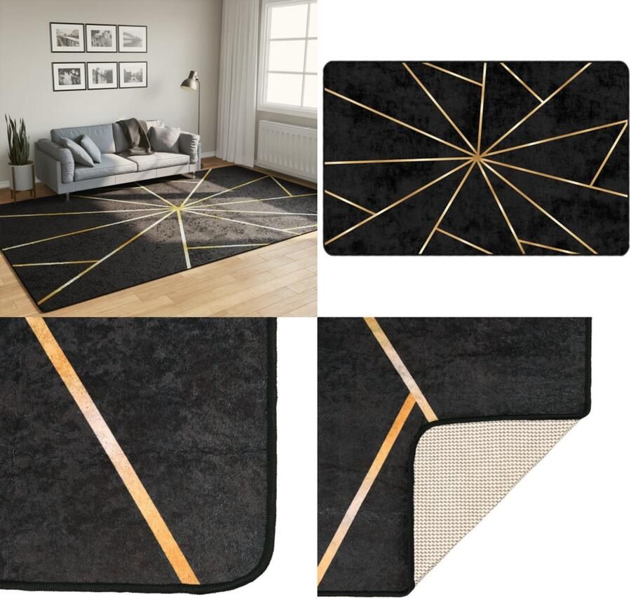 VidaXL Vloerkleed wasbaar anti-slip 190x300 cm zwart en goudkleurig Vloerkleed Vloerkleden Tapijt Vloerbedekking