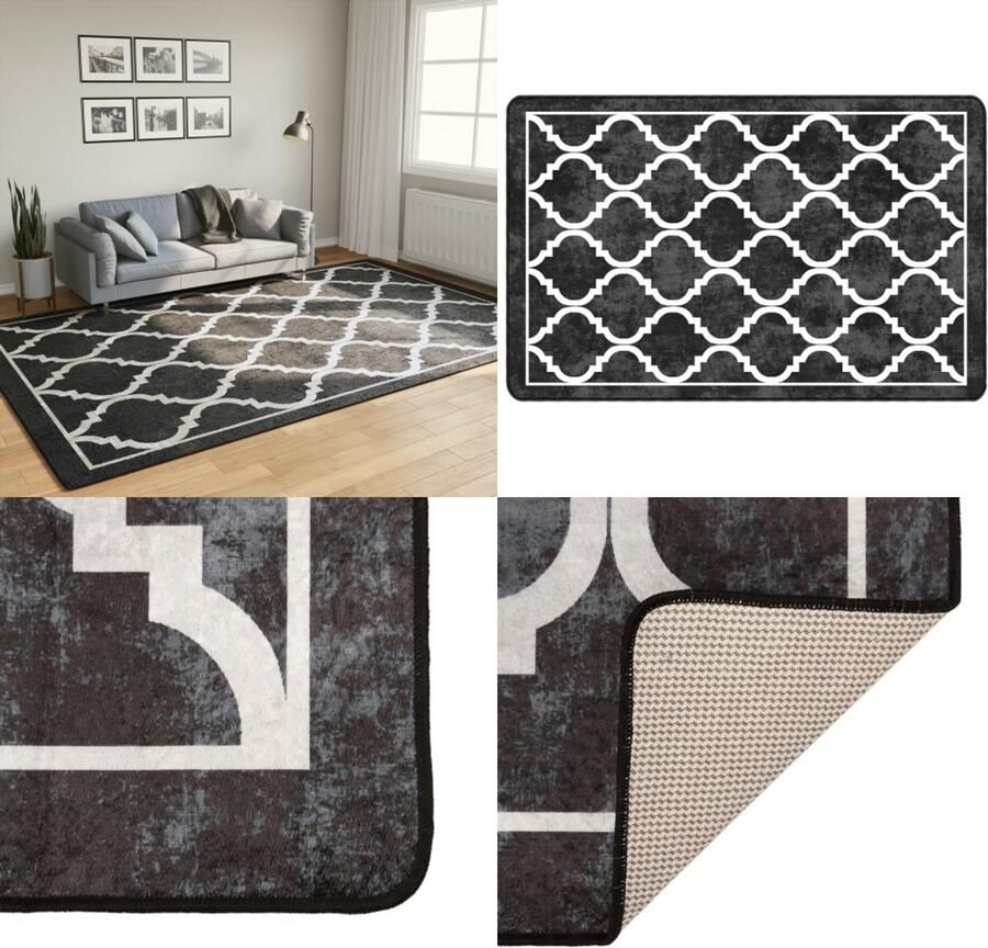 VidaXL Vloerkleed wasbaar anti-slip 190x300 cm zwart en wit Vloerkleed Vloerkleden Tapijt Vloerbedekking