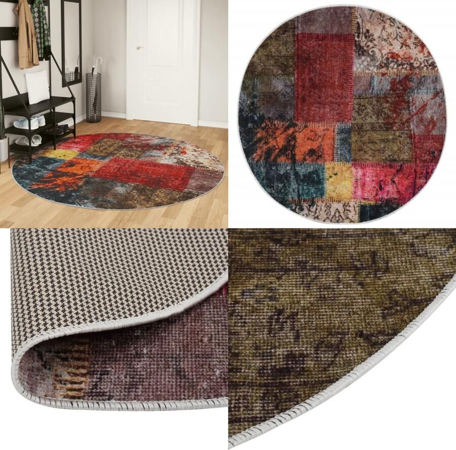 VidaXL Vloerkleed wasbaar anti-slip Ø 200 cm meerkleurig Vloerkleed Vloerkleden Tapijt Vloerbedekking