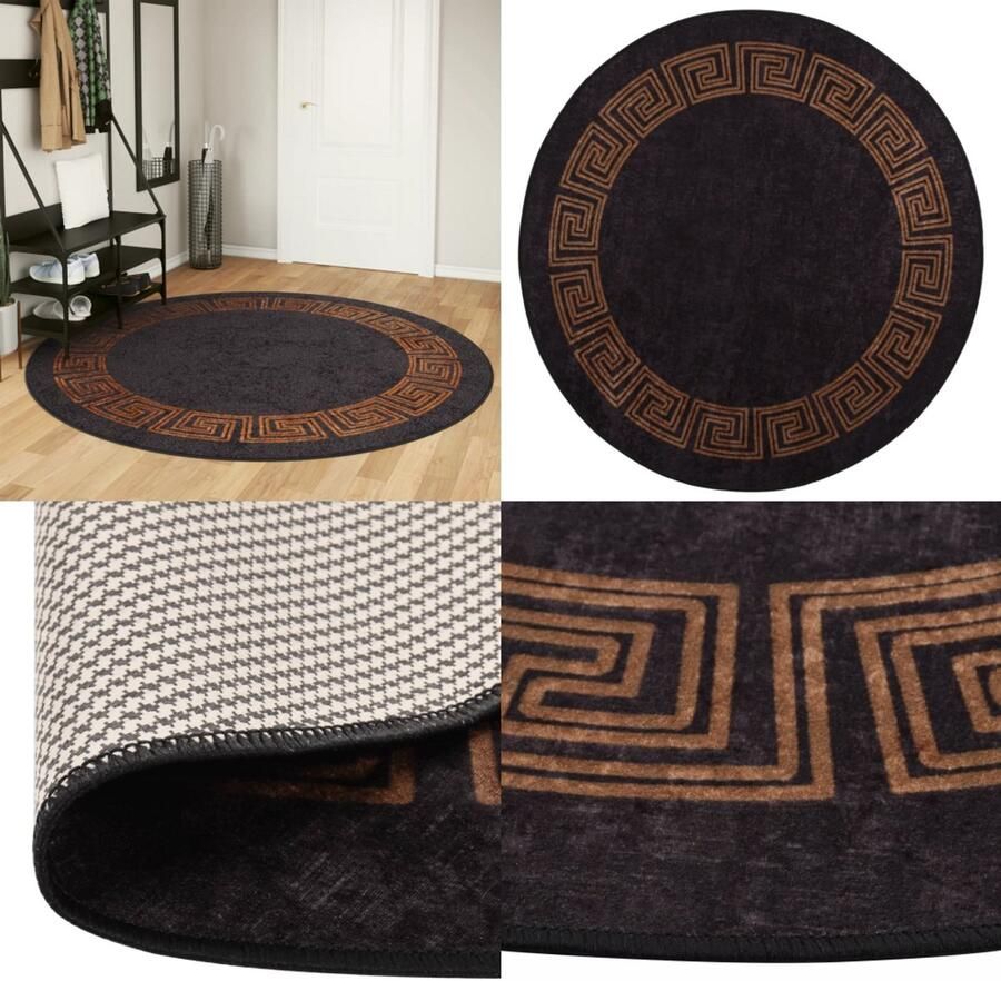 The Living Store Zwarte en Gouden Tapijt 200 cm Fluweel Anti-Slip Geluidsabsorberend Zachte Tapijt Zwarte Tapijt Gouden Tapijt Rond Tapijt Fluweel Tapijt