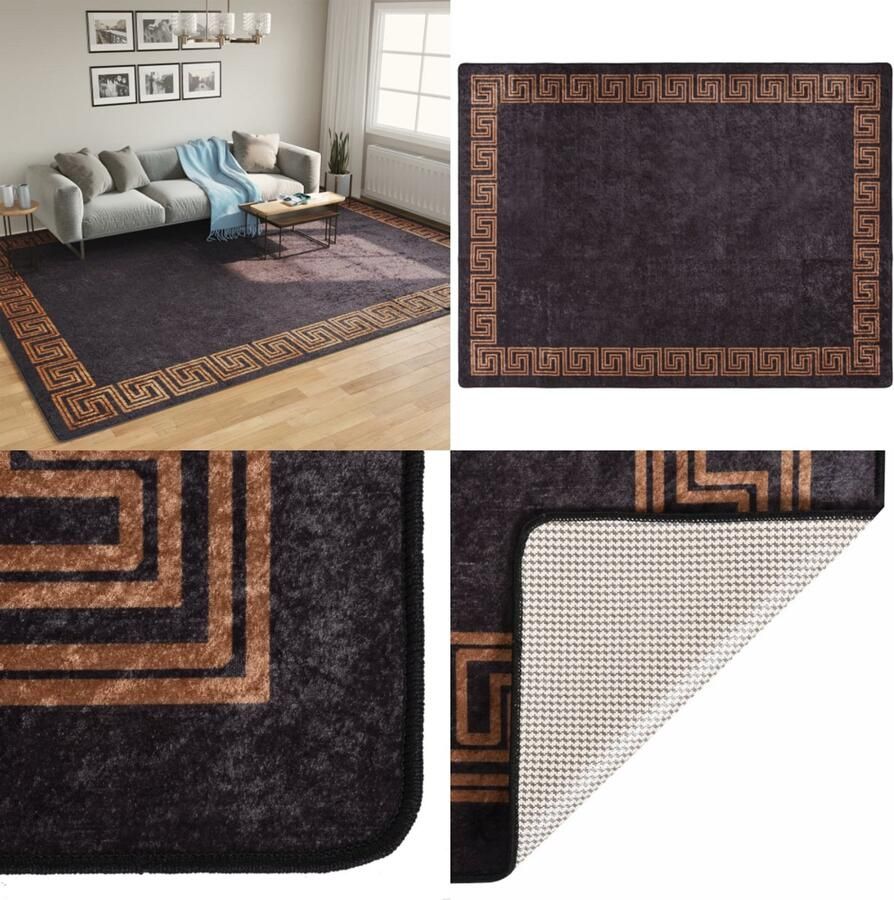 VidaXL Vloerkleed wasbaar anti-slip 400x300 cm zwart en goudkleurig Vloerkleed Vloerkleden Tapijt Vloerbedekking
