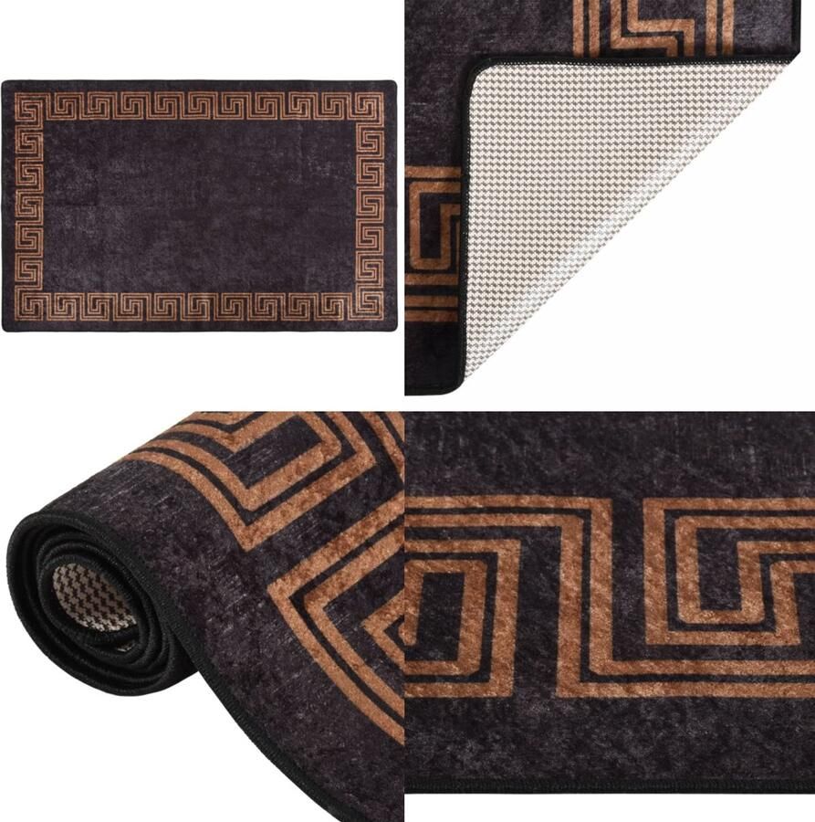 VidaXL Vloerkleed wasbaar anti-slip 80x150 cm zwart en goudkleurig Vloerkleed Vloerkleden Loper Vloerkleed Loper Vloerkleden