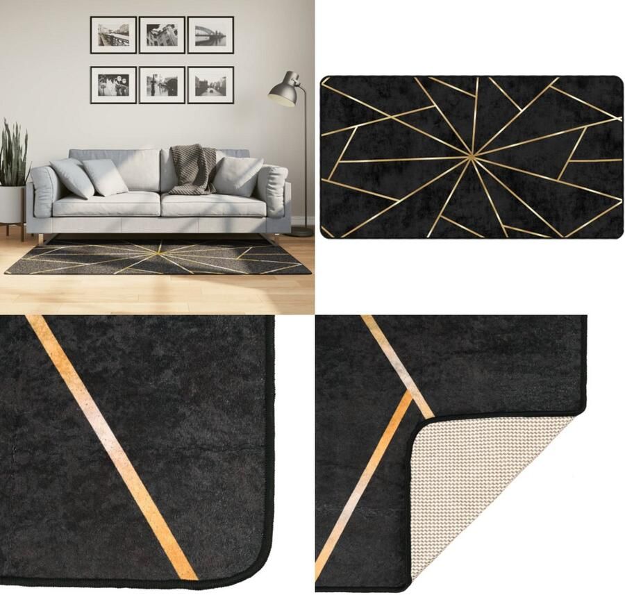 VidaXL Vloerkleed wasbaar anti-slip 80x150 cm zwart en goudkleurig Vloerkleed Vloerkleden Tapijt Vloerbedekking