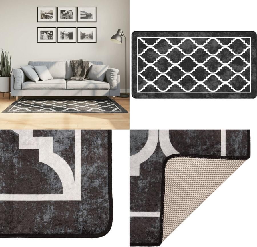 VidaXL Vloerkleed wasbaar anti-slip 80x150 cm zwart en wit Vloerkleed Vloerkleden Tapijt Vloerbedekking