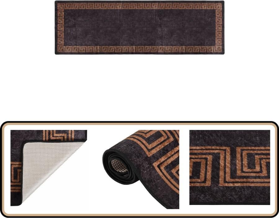 VidaXL Vloerkleed Wasbaar anti-slip 80x300 cm Zwart en Goud Vloerkleed Tapijten Woonkamerdecoratie Modern Design Zwarte Kleuren