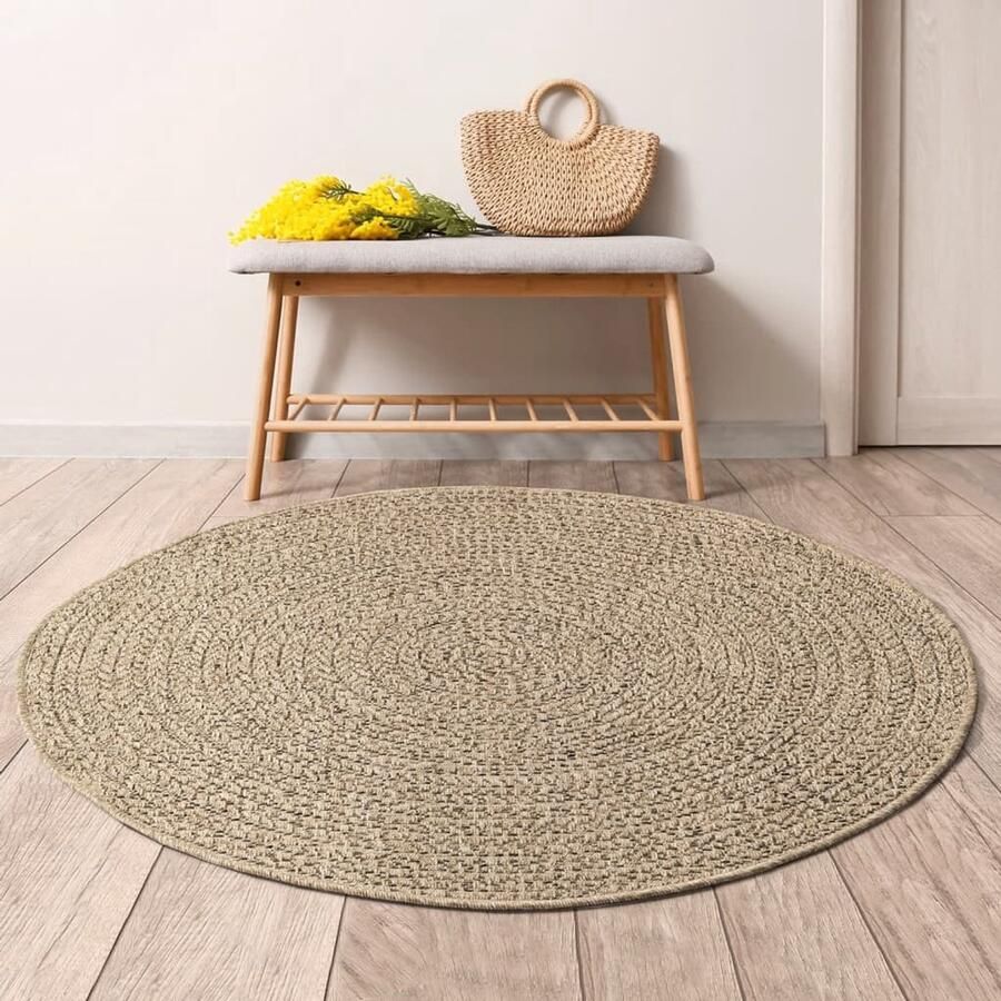 VidaXL Vloerkleed ZIZUR 200 cm Jute Look Rond Vloerkleed Tapijten Outdoor Tapijt Terras Tapijt Balkon Tapijt