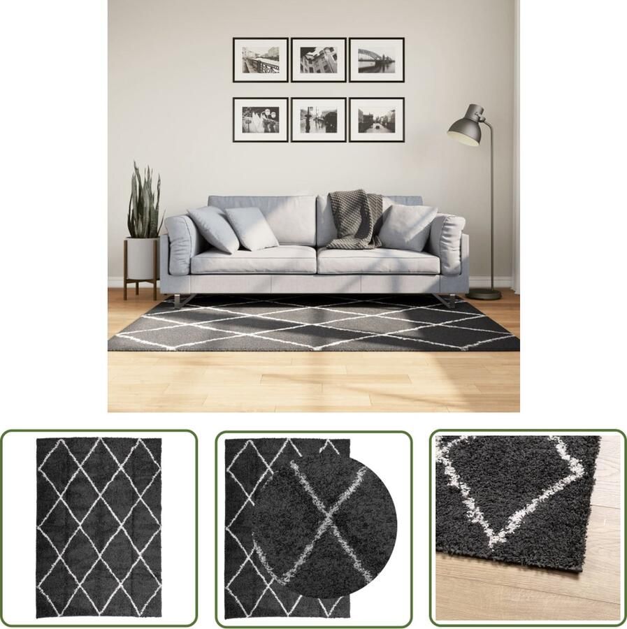 The Living Store Shaggy Vloerkleed 120 x 170 cm Zwart en crème met 30mm lange polen Shaggy Vloerkleed Zwart Creme Groot Vloerkleed Zacht Vloerkleed Luxe Vloerkleed