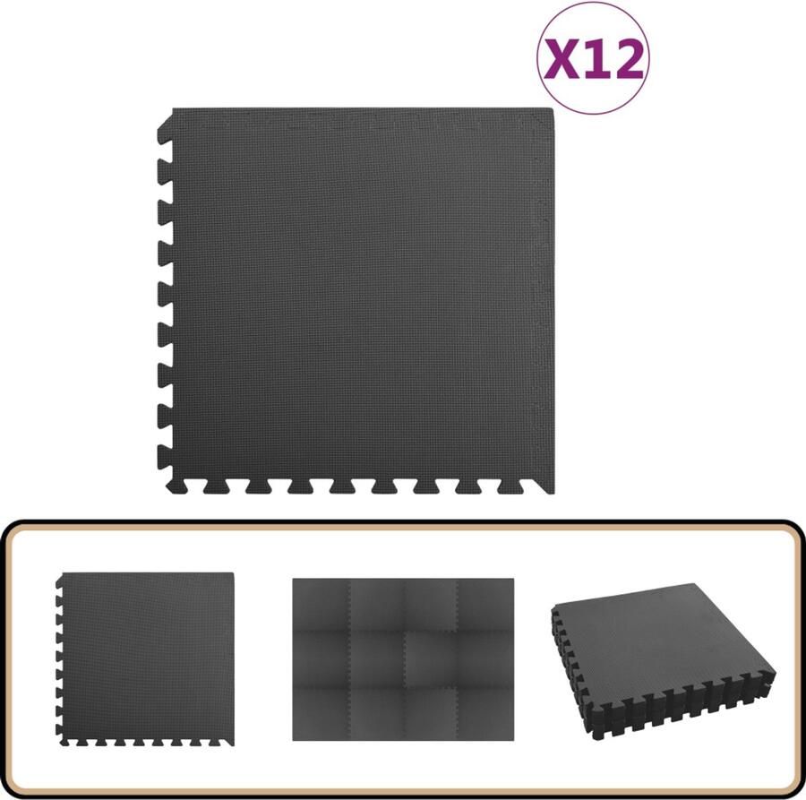VidaXL Vloermatten 12 stuks 4 32 m² EVA-schuim Zwart Puzzlesportmat Vloermat Sportmat Trainingsmat Eva Schuim