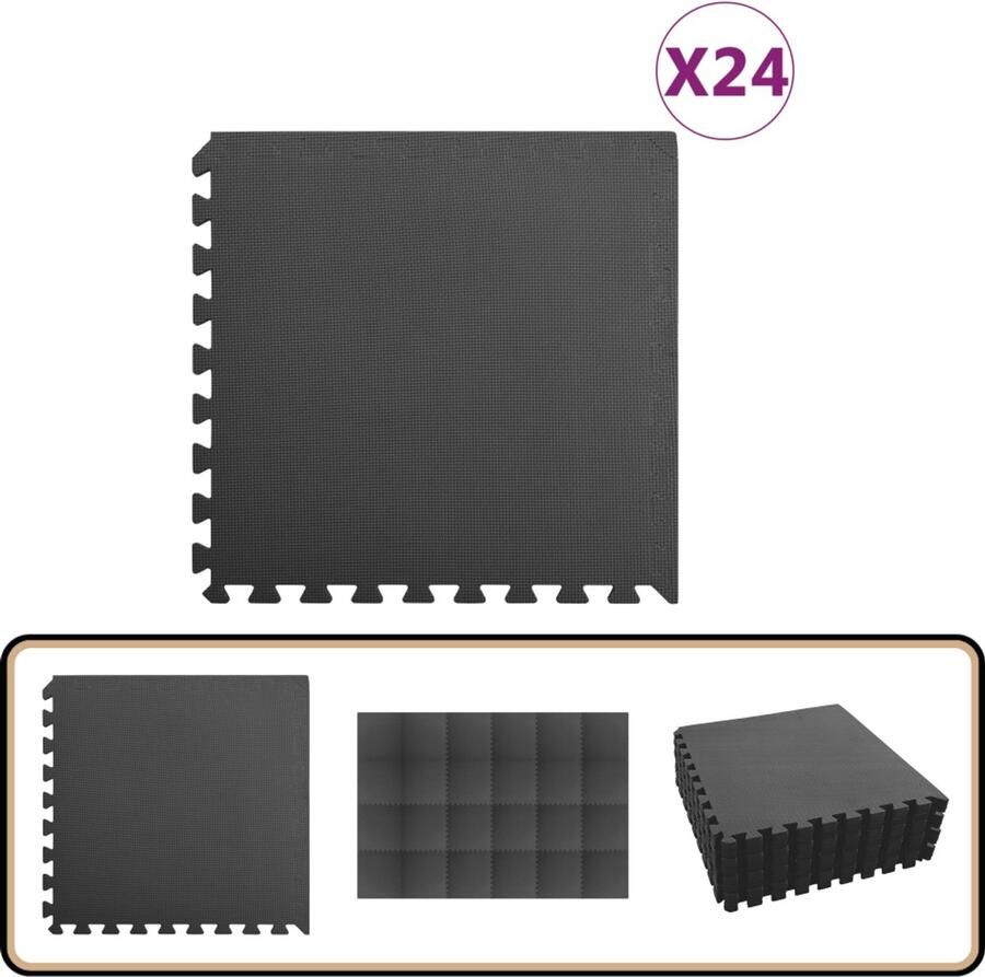 VidaXL Vloermatten 24 st EVA-schuim zwart Puzzelmat Sportmat Gymschoenen Trainingsmat Yogamat Kids Play Mat Antislip Mat Waterdicht Mat Zwarte Mat
