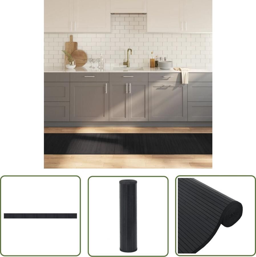 The Living Store Bamboe Tapijt Zwart 70 x 1000 cm Duurzaam Anti-Slip Gemakkelijk schoon te maken Bamboetapijt Vloertapijt Zwarte Vloertegels Modern Tapijt Woonkamertapijt