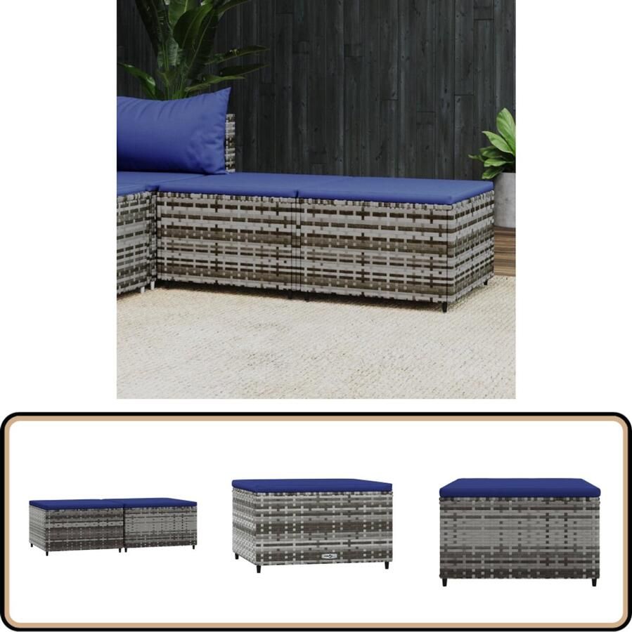 VidaXL Voetenbank 2 stuks Poly Rattan Inclusief Kussens Voetenbank Tuinset Lounge Set Buitenleven Relaxen Terras Balkon Grijze Bank