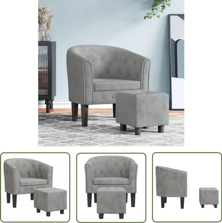 The Living Store Kuipstoel met voetenbank fluweel lichtgrijs Kuipstoel Fauteuils Lounge Stoel Leeshoek Relaxfauteuil