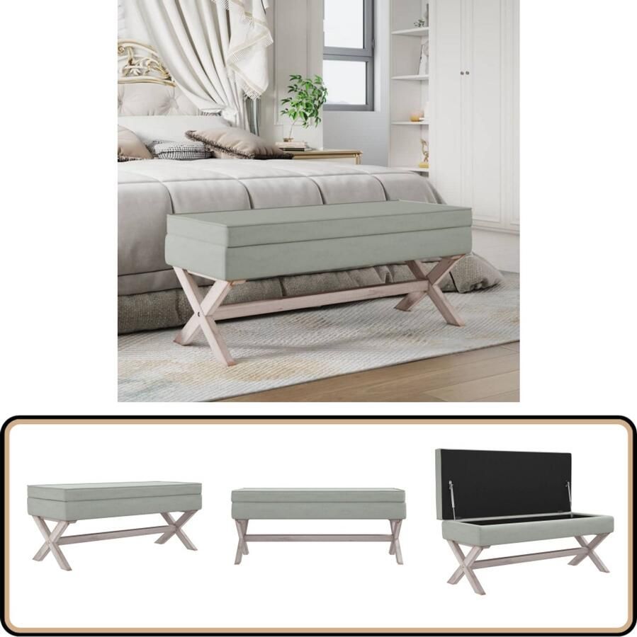 The Living Store Voetenbank Lichtgrijs fluweel Houten poten Opbergruimte Comfortabele zitting Franse vintage stijl 110 x 45 x 49 cm Opbergkruis Voetenbank Vintage Meubilair Frans Design Zachte Stoffen - Foto 2