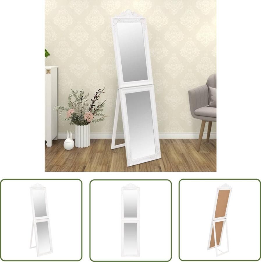 The Living Store passpiegel Barok Staand Inklapbaar Stevig frame Helder glas Decoratief Wit 50 x 6.5 x 200 cm Barokstijl Spiegel Vrijstaande Spiegel Wanddecoratie Salontafel Accessoires Entree Spiegel
