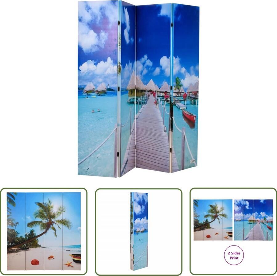 The Living Store Scheidingswand Strand 160x170cm Dubbelzijdig bedrukt Inklapbaar PVC Massief vurenhout 100% Scheidingswand Wandafscheider Stranddecoratie Binnenhuisdesign Pvc